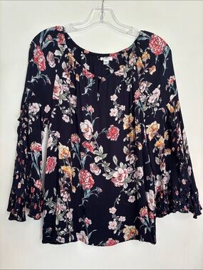 Navy Floral Peasant Tunic with Ruffled Sleeves-Westport, size M